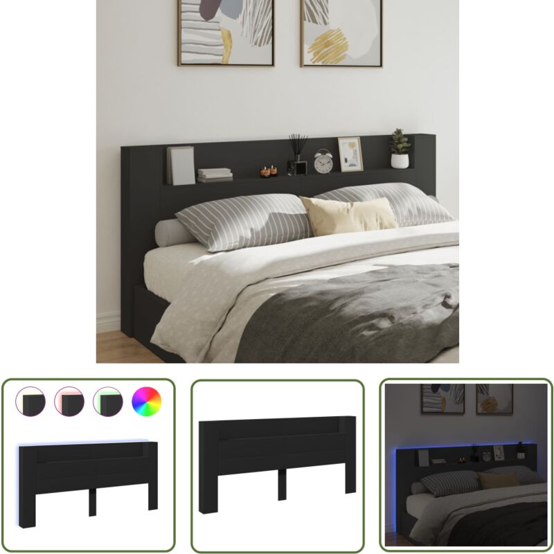 The Living Store - Armoire tête de lit avec led noir 220x16,5x103,5 cm - Tête De Lit Led - Meuble De Chambre - Éclairage Led - Rangement Tiroir
