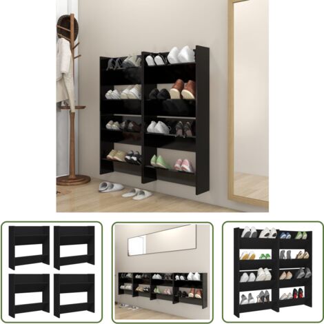 The Living Store Armoires à chaussures murales 4 pcs noir bois d'ingénierie - Armoire À Chaussures Murale - Rangement Chaussures - Meuble Chaussure - Organiseur Chaussures - Placard Chaussures