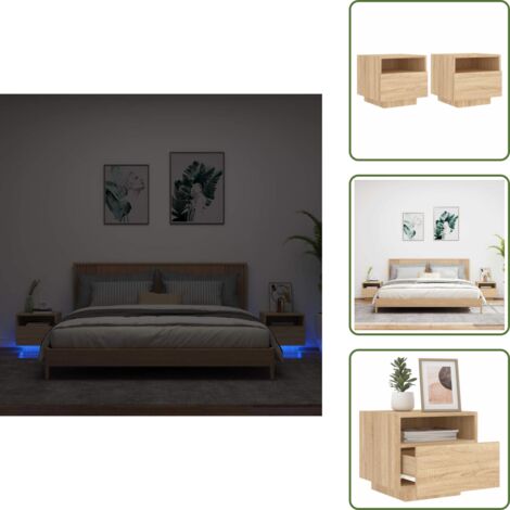 The Living Store Armoires de chevet avec lumières LED 2 pcs chêne sonoma - Table De Chevet - Meuble De Chambre - Luminaire Led - Lampe De Chevet - Décoration Intérieure