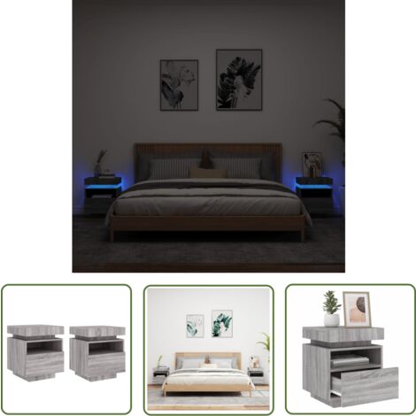 The Living Store Armoires de chevet avec lumières LED 2 pcs sonoma gris - Tables De Chevet - Meuble De Chambre - Luminaire Led - Éclairage Rgb - Rangement
