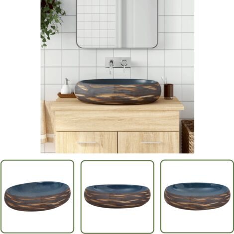 The Living Store Aufsatzwaschbecken Braun und Blau Oval 59x40x15 cm Keramik - Waschbecken - Aufsatzwaschbecken - Keramikwaschbecken - Handgefertigtes Waschbecken - Vintage Waschbecken