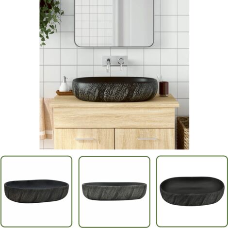 The Living Store Aufsatzwaschbecken Schwarz Oval 59x40x14 cm Keramik - Waschbecken - Aufsetzwaschbecken - Keramikwaschbecken - Schwarzes Waschbecken - Designerwaschbecken