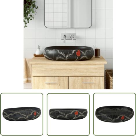 The Living Store Aufsatzwaschbecken Schwarz Oval 59x40x15 cm Keramik - Waschbecken - Badezimmersanierung - Keramikwaschbecken - Aufsatzwaschbecken - Schwarzes Waschbecken