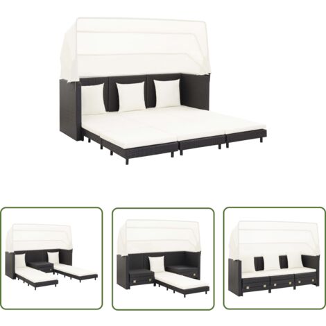 The Living Store Ausziehbares 3-Sitzer-Schlafsofa mit Dach Poly Rattan Schwarz - Gartenschlafcouch - Poly Rattan - Schlafsofa - Outdoor Möbel - Gartenmöbel