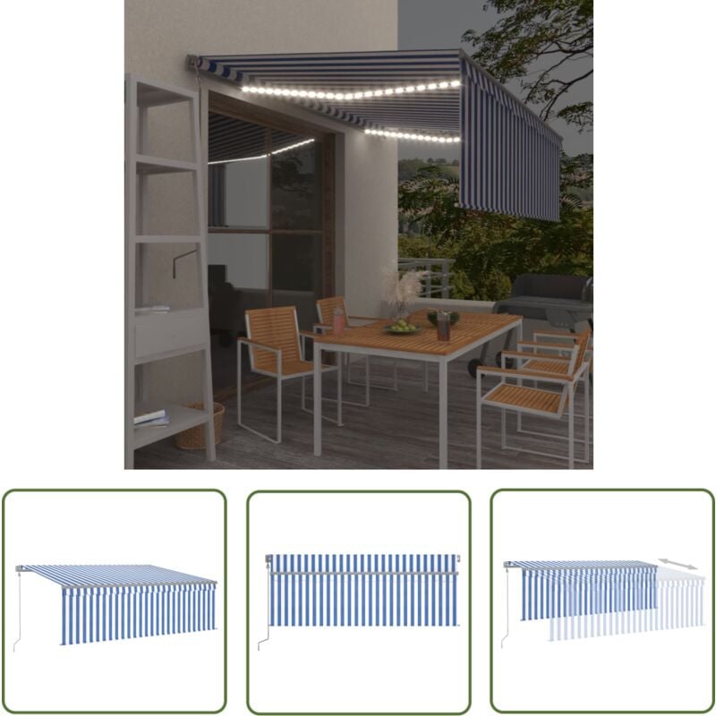 The Living Store - Auvent automatique store capteur de vent led 4,5x3 m Bleu blanc - Auvent Pliable - Auvent Extérieur - Stores Exterieurs - Parasol