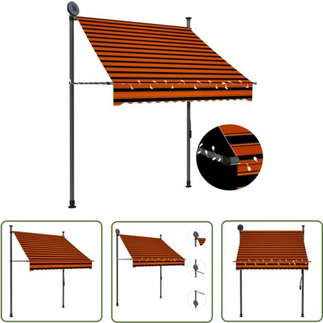 The Living Store Auvent manuel rétractable avec LED 150 cm Orange et marron - Auvent Retractable - Abri Extérieur - Parasol - Stores Exterieurs - Éclairage Led Solaire