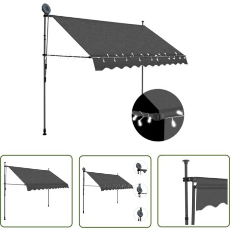 The Living Store Auvent manuel rétractable avec LED 300 cm Anthracite - Auvent Retractable - Parasol Exterieur - Abri Jardin - Protection Soleil - Store Banne
