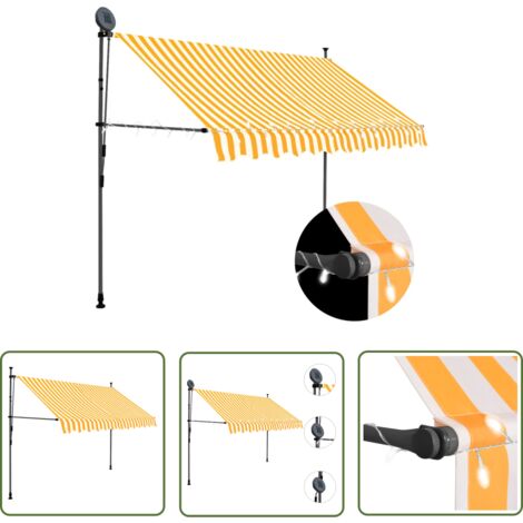 The Living Store Auvent manuel rétractable avec LED 300 cm Blanc et orange - Auvent Retractable - Stores Exterieurs - Parasol - Abri Jardin - Protection Soleil
