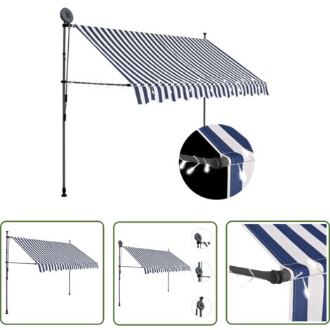The Living Store Auvent manuel rétractable avec LED 300 cm Bleu et blanc - Auvent Retractable - Store Banne - Abri Extérieur - Parasol - Protection Soleil