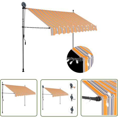 The Living Store Auvent manuel rétractable avec LED 300 cm Jaune et bleu - Auvent Retractable - Stores Exterieurs - Parasol - Abri Jardin - Éclairage Led Solaire