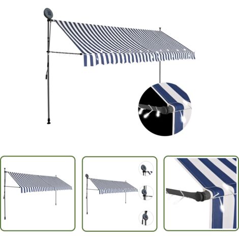 The Living Store Auvent manuel rétractable avec LED 350 cm Bleu et blanc - Auvent Retractable - Store Banne - Abri Extérieur - Parasol - Protection Soleil