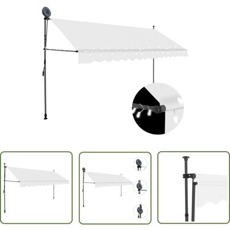 The Living Store Auvent manuel rétractable avec LED 350 cm Crème - Auvent Retractable - Stores Exterieurs - Parasol - Abri Jardin - Éclairage Led Solaire