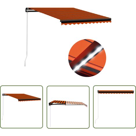 The Living Store Auvent manuel rétractable avec LED 350x250 cm Orange et marron - Auvent De Terrasse - Store Banne - Parasol - Ombre - Éclairage Led
