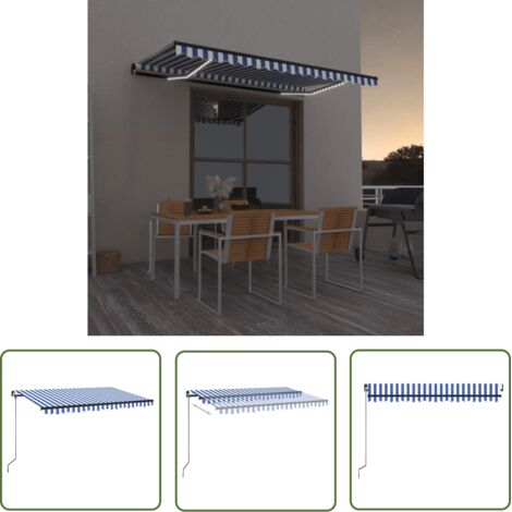 The Living Store Auvent manuel rétractable avec LED 450x350 cm Bleu et blanc - Auvent Pliable - Store Extérieur - Parasol - Abri Jardin - Éclairage Led Solaire