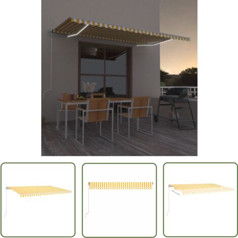 The Living Store Auvent manuel rétractable avec LED 500x300 cm Jaune et blanc - Auvent Retractable - Store Banne - Parasol - Abri Extérieur - Éclairage Led Solaire