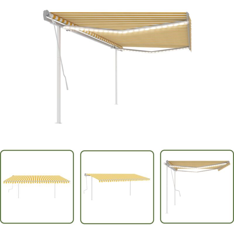 The Living Store - Auvent manuel rétractable avec led 5x3,5 m Jaune et blanc - Auvent Retractable - Store Extérieur - Parasol - Abri Soleil - Jardin