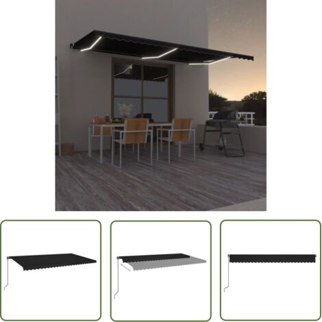 The Living Store Auvent manuel rétractable avec LED 600x350 cm Anthracite - Auvent Pliable - Auvent Extérieur - Store Banne - Parasol - Protection Soleil