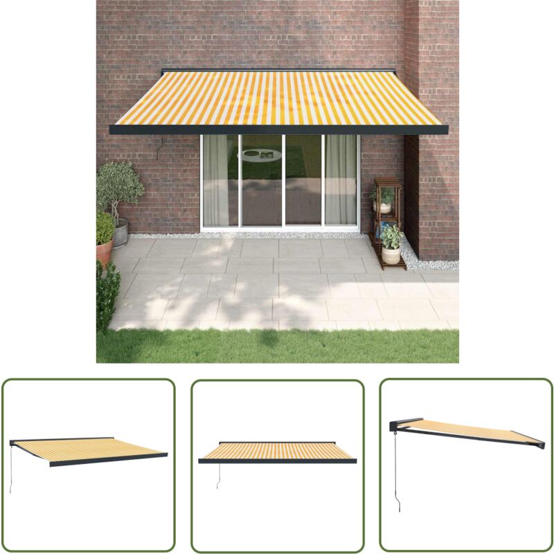 The Living Store - Auvent rétractable jaune et blanc 4x3 m tissu et aluminium - Auvent Retractable - Pergola Mural - Abri Solaire - Parasol Exterieur