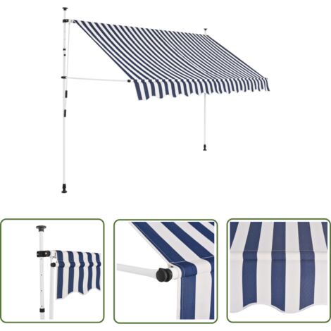 The Living Store Auvent rétractable manuel 300 cm Rayures bleues et blanches - Auvent Retractable - Stores Exterieurs - Parasol - Abri Solaire - Protection Soleil