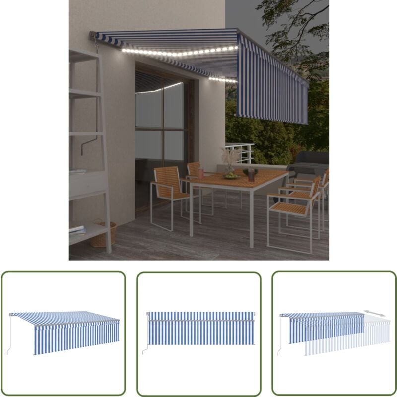 The Living Store Auvent rétractable manuel avec store et LED 5x3 m Bleu et blanc - Auvent Pliable - Auvent Extérieur - Parasol - Abri Soleil