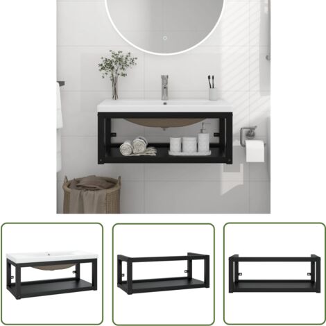 The Living Store Badezimmer-Waschtischgestell mit Waschbecken Schwarz Eisen - Badezimmer Waschen - Waschtischgestell - Wandmontage - Schwarzes Metall - Weißes Keramikbecken