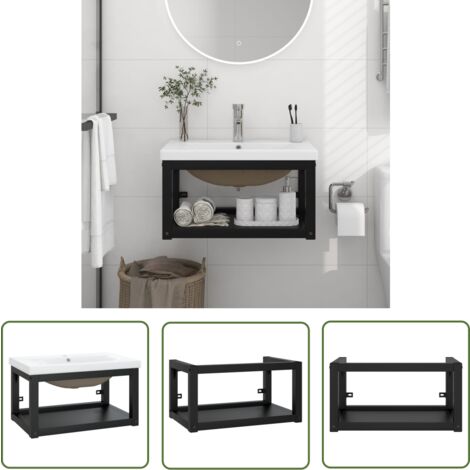 The Living Store Badezimmer-Waschtischgestell mit Waschbecken Schwarz Eisen - Badezimmerwaschtisch - Schwarzes Waschbecken - Wandmontage - Stahlrahmen - Keramikkasten