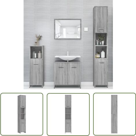 The Living Store Badezimmerschrank Grau Sonoma 30x30x183,5 cm Holzwerkstoff - Badezimmermöbel - Holzschrank - Spiegelschrank - Waschtischunterschrank - Grau Sonoma