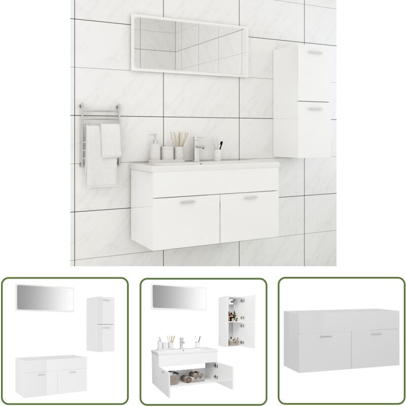 The Living Store Ensemble de meubles de bain Blanc brillant Bois d'ingénierie - Meuble De Salle De Bain - Ensemble Salle De Bain - Vanity Blanc