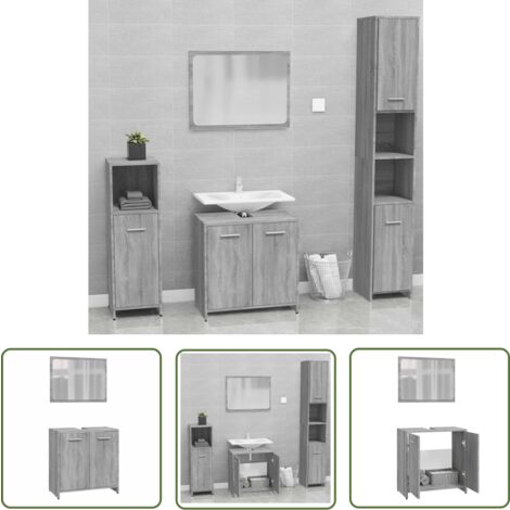 The Living Store Badmöbel-Set Grau Sonoma Holzwerkstoff - Badmöbel Set - Holzwerkstoff - Grauer Badschrank - Badezimmermöbel - Spiegelschrank
