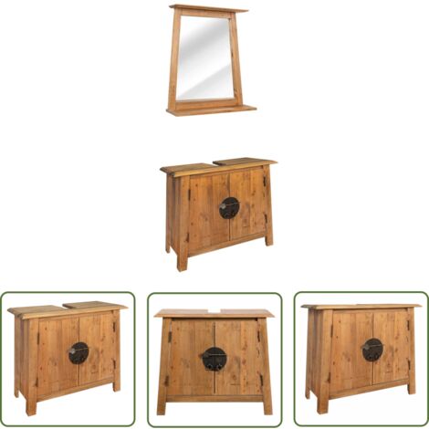 The Living Store Badmöbel-Set Massivholz Kiefer - Badmöbel - Kiefernholzmöbel - Vintage Badezimmer - Waschbeckenunterschrank - Spiegel