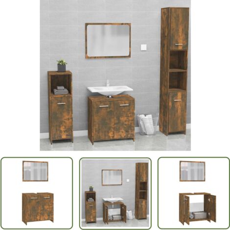 The Living Store Badmöbel-Set Räuchereiche Holzwerkstoff - Badmöbel - Badezimmermöbel - Holzschränke - Spiegelschrank - Rauchfarbe