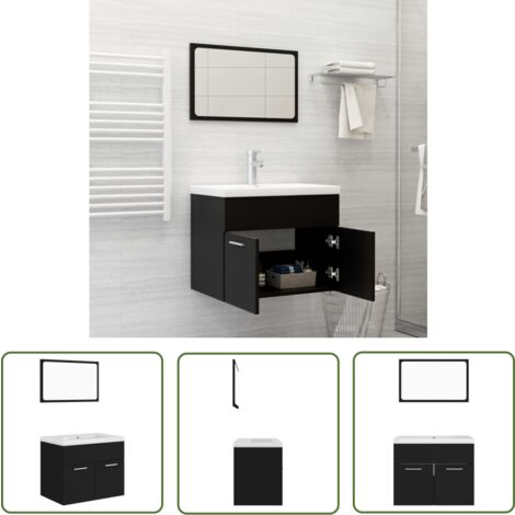 The Living Store Badmöbel-Set Schwarz Holzwerkstoff - Badezimmersatz - Schreibtisch - Unterschrank - Spiegelschrank - Waschtrog