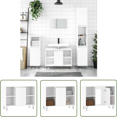 The Living Store Badschrank Hochglanz-Weiß 80x33x60 cm Holzwerkstoff - Badeschrank - Holzwerkstoff - Weißer Badschrank - Badezimmermöbel - Spiegelschrank