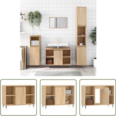 The Living Store Badschrank Sonoma-Eiche 80x33x60 cm Holzwerkstoff - Badeschrank - Holzwerkstoff - Badmöbel - Badezimmerorganisator - Spiegelschrank