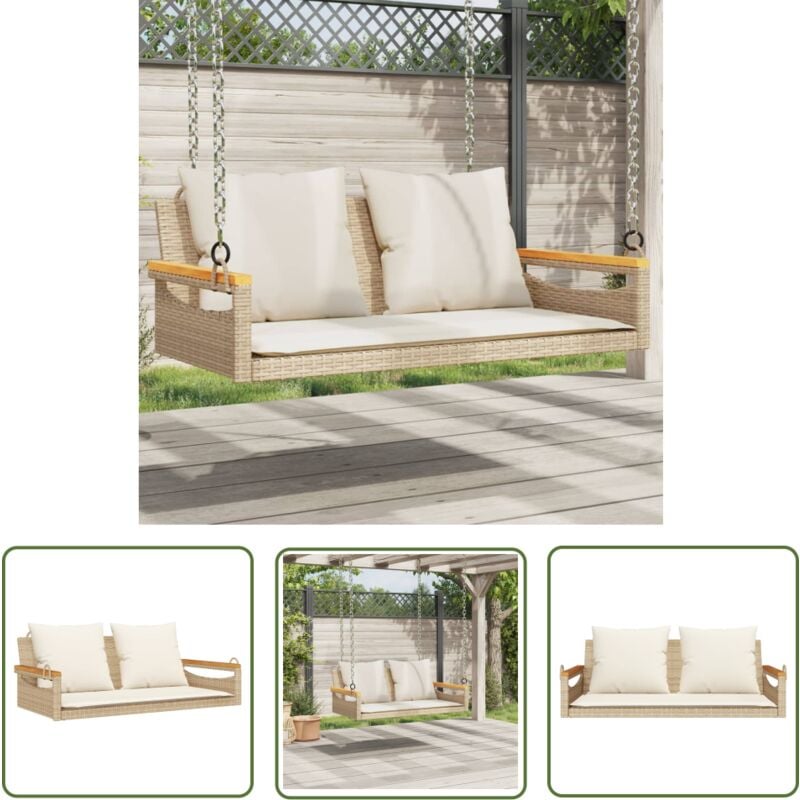The Living Store - Balancelle avec coussins beige 109x62x40 cm résine tressée - Balancelle De Jardin - Banc De Jardin - Chaise Suspendue - Fauteuil