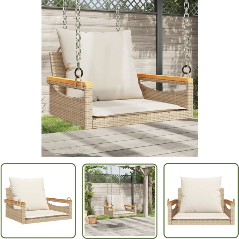 Balancelle avec coussins beige 63x62x40 cm résine tressée - Balancelle De Jardin - Banc De Jardin - Chaise Suspendue - Fauteuil Suspendu - Mobilier