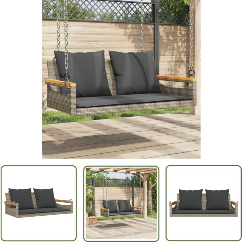 The Living Store - Balancelle avec coussins gris 109x62x40 cm résine tressée - Balancelle De Jardin - Banc De Jardin - Chaise Suspendue - Fauteuil