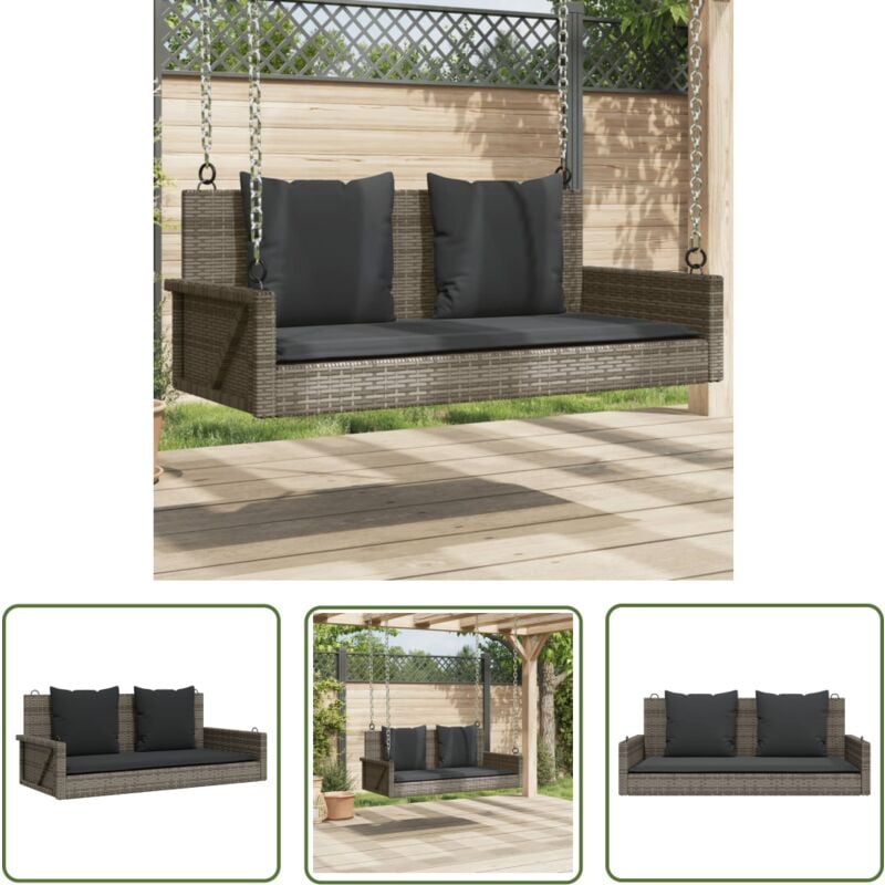 The Living Store - Balancelle avec coussins gris 119x56x48 cm résine tressée - Balancelle De Jardin - Banc De Jardin - Chaise Suspendue - Fauteuil