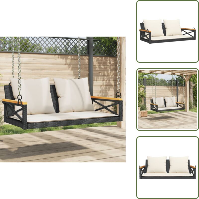 Balancelle avec coussins noir 109x62x40 cm résine tressée - Balancelle De Jardin - Banc De Jardin - Chaise Suspendue - Fauteuil Suspendu - Relax