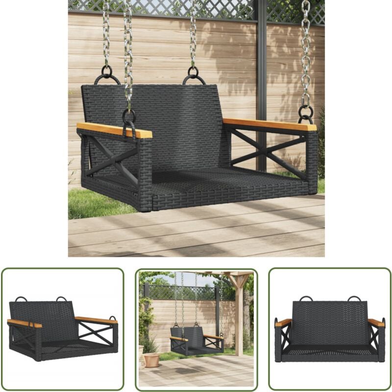 The Living Store - Balancelle noir 63x62x40 cm résine tressée - Balancelle Jardin - Chaise Suspendue - Fauteuil Extérieur - Mobilier De Jardin
