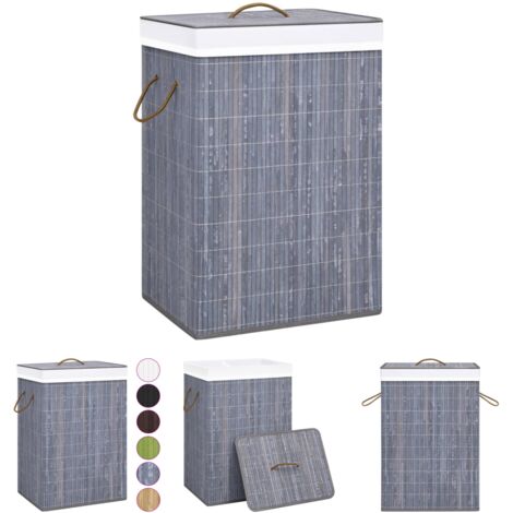 Relaxdays Wäschekorb Bambus – 30 Liter, Faltbar, Mit Deckel, Halbrund, Grau