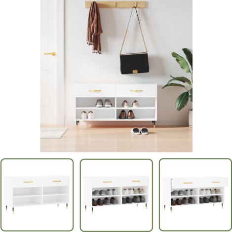 The Living Store Banc à chaussures blanc 102x35x55 cm bois d'ingénierie - Meuble Range Chaussure - Banc Chaussure - Rangement Chaussures - Meuble Entrée - Rangement Maison