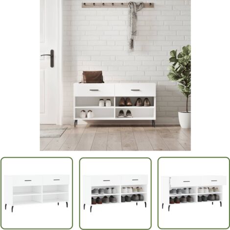 The Living Store Banc à chaussures blanc 102x35x55 cm bois d'ingénierie - Meuble Range Chaussure - Banc Rangement Chaussures - Meuble Entrée - Rangement Chaussures - Banc Design