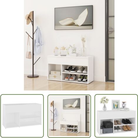 The Living Store Banc à chaussures Blanc 80x30x45 cm Bois d’ingénierie - Banc Chaussure - Meuble Entrée - Rangement Chaussures - Banc Rangement - Organiseur Chaussures