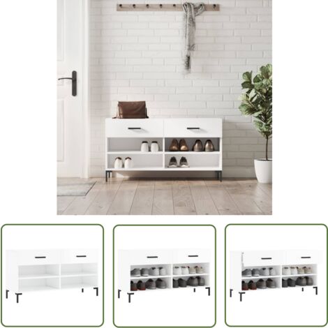 The Living Store Banc à chaussures blanc brillant 102x35x55 cm bois d'ingénierie - Meuble À Chaussures - Banc Chaussure - Rangement Chaussures - Meuble Entrée - Rangement Maison