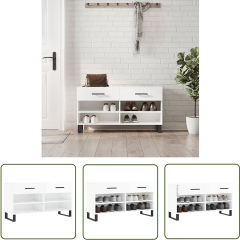 The Living Store Banc à chaussures blanc brillant 102x35x55 cm bois d'ingénierie - Meuble Chaussure - Banc Chaussure - Range Chaussures - Meuble Entrée - Rangement Maison
