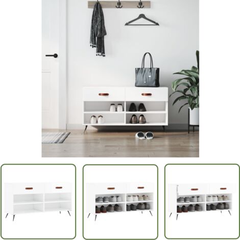 The Living Store Banc à chaussures blanc brillant 102x35x55 cm bois d'ingénierie - Meuble Chaussure - Banc Chaussure - Range Chaussures - Rangement Entrée - Meuble Rangement