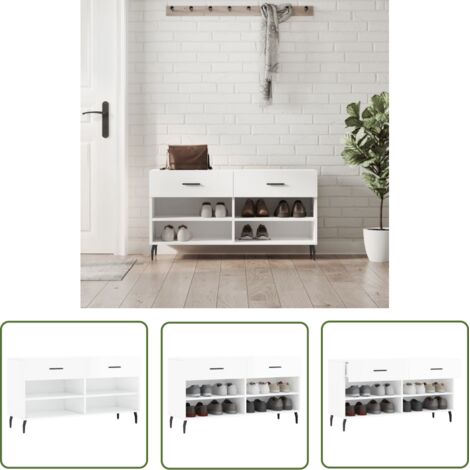 The Living Store Banc à chaussures blanc brillant 102x35x55 cm bois d'ingénierie - Meuble Range Chaussure - Banc Chaussure - Rangement Chaussures - Meuble Entrée - Rangement Maison