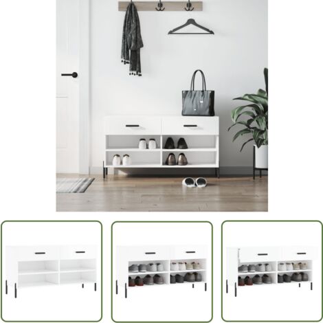 The Living Store Banc à chaussures blanc brillant 102x35x55 cm bois d'ingénierie - Meuble Range Chaussure - Banc Chaussure - Rangement Chaussures - Meuble Entrée - Rangement Maison