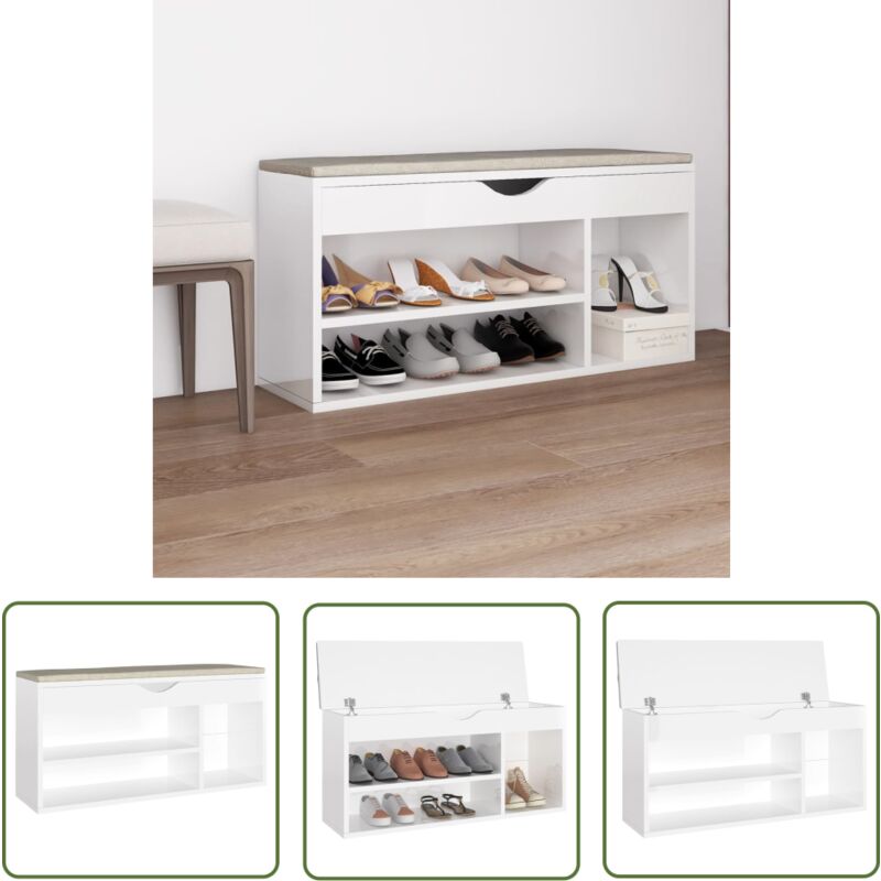 Devenirriche - The Living Store Banc à chaussures avec coussin Blanc brillant Bois d'ingénierie - Meuble Entrée - Rangement Chaussures - Banc